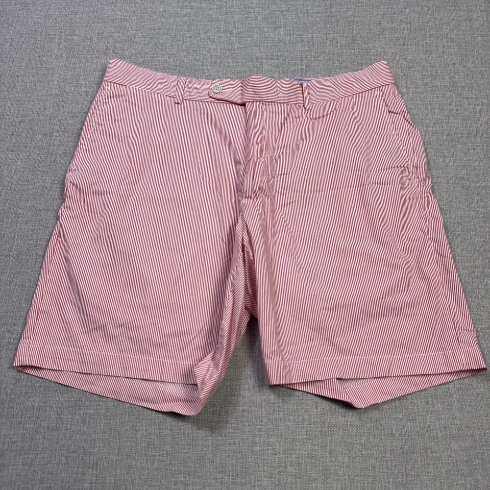 Peter Millar Summer Pinstripe Flat Front Shorts Men 35 Pink White Cotton Spandex